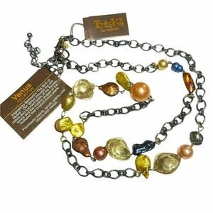 Treska Venus Collection Freshwater Pearl Abstract Metal Bead Statement‎ Necklace